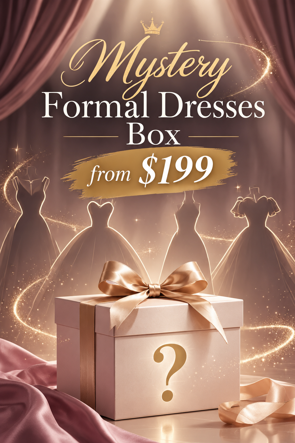 Mystery formal dress gift box with gold question mark and satin bow