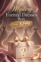 Mystery formal dress gift box with gold question mark and satin bow