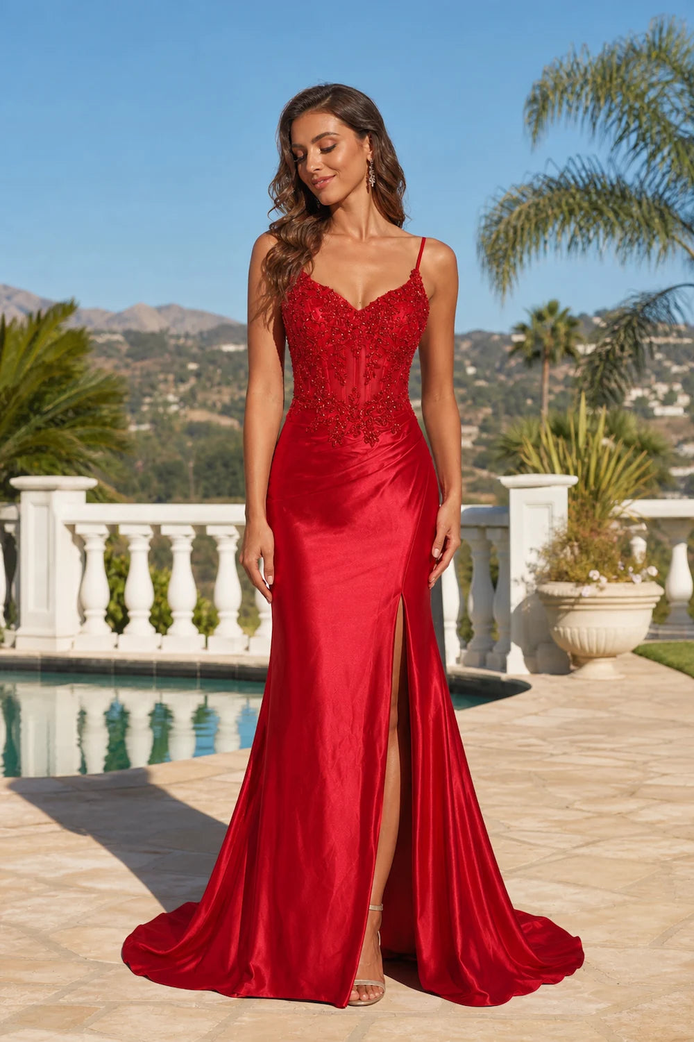 CORA Red Beaded High Slit Prom Dress