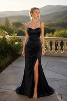 YSOLDE black satin evening dress with spaghetti straps, sweetheart neckline, side slit