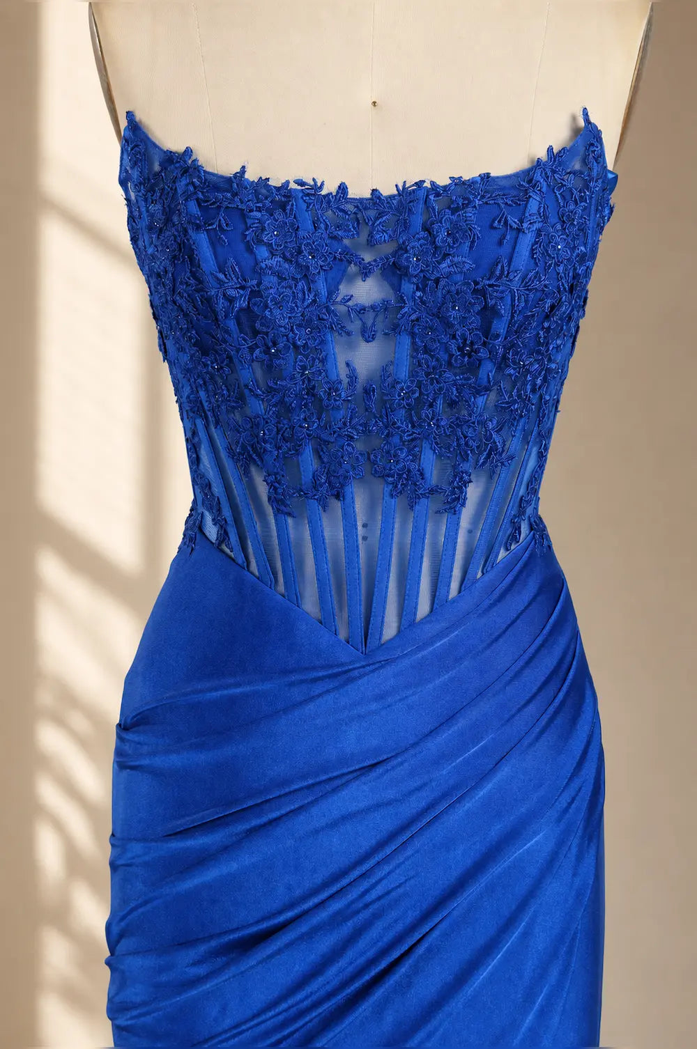 SELENA royal blue mesh corset gown with ruffled trim and draped skirt