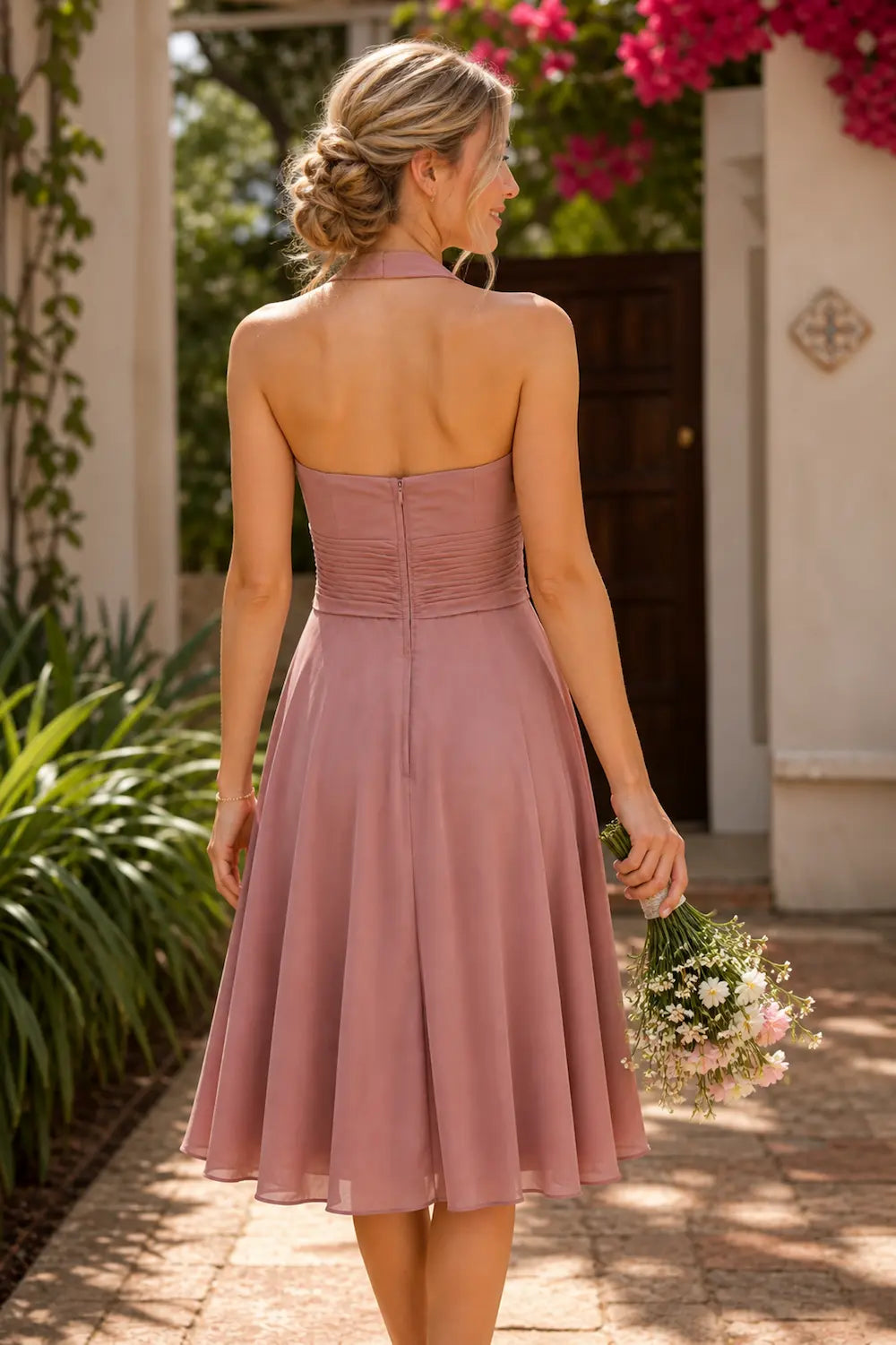 Dusty rose halter-neck chiffon short dress with waist sash, back view