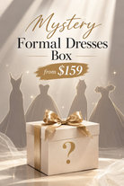 Mystery formal dress gift box with gold ribbon bow and question mark