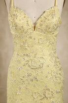 Yellow sequin lace corset bodice with V-neck and delicate floral texture