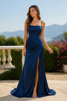 LIRIOPE navy spaghetti-strap evening dress with fitted bodice and side slit