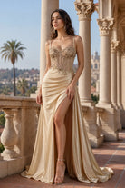 Champagne satin prom dress with beaded corset bodice, side slit, spaghetti straps