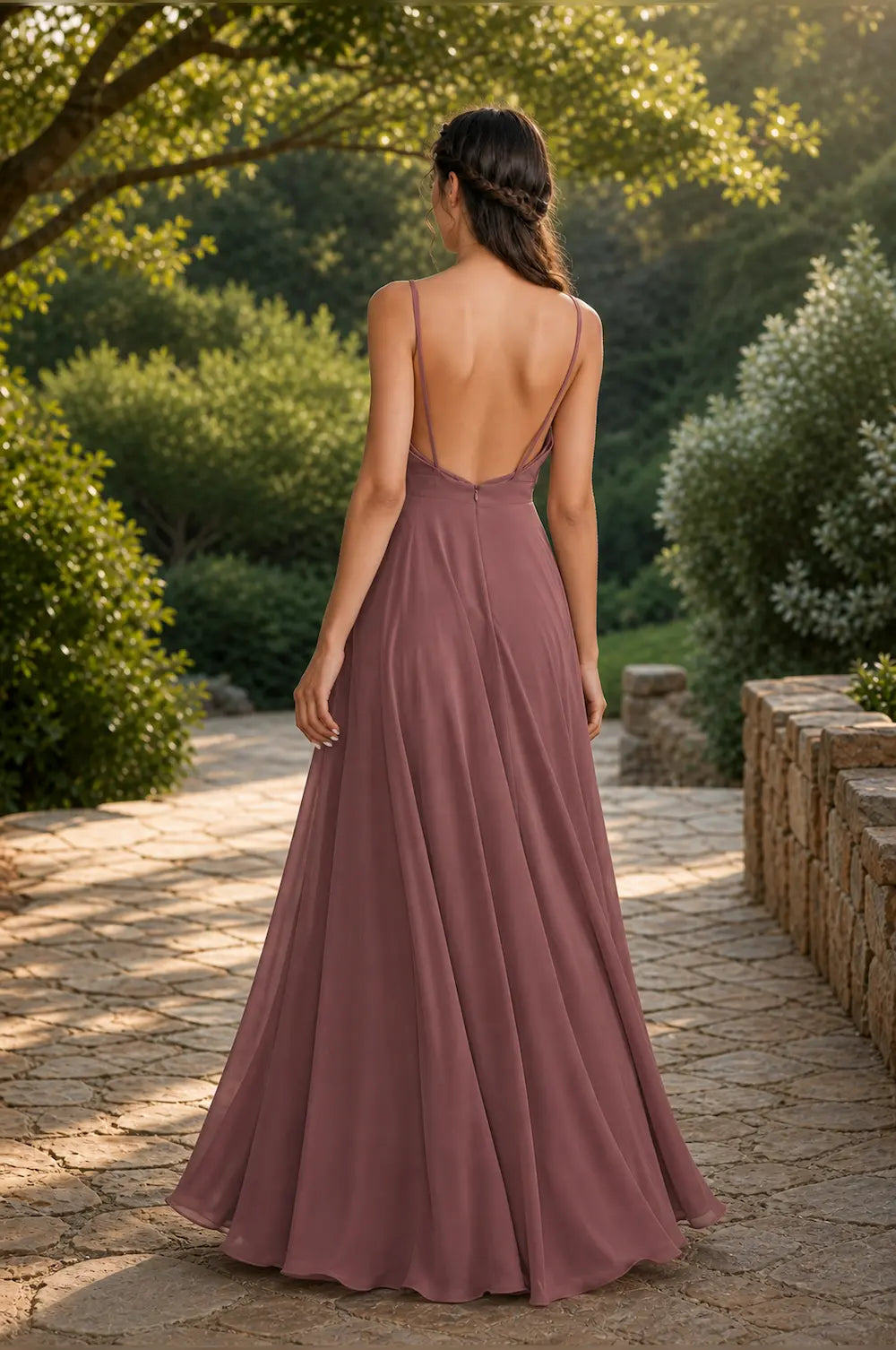 Canyon rose A-line chiffon prom dress, racerback backless, flowing pleated skirt