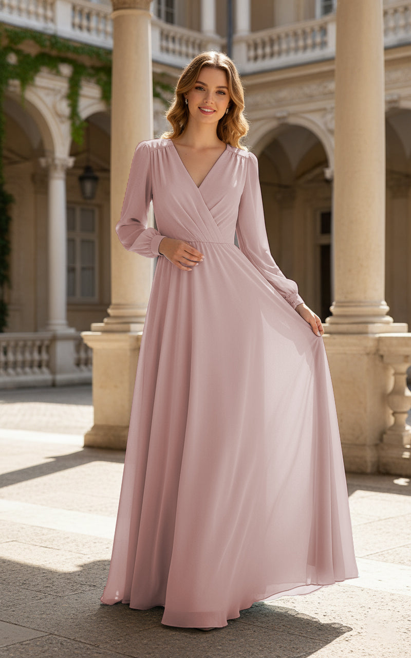 Romantic Bridesmaid Gown - Ruffled Sleeve Design TFB8068
