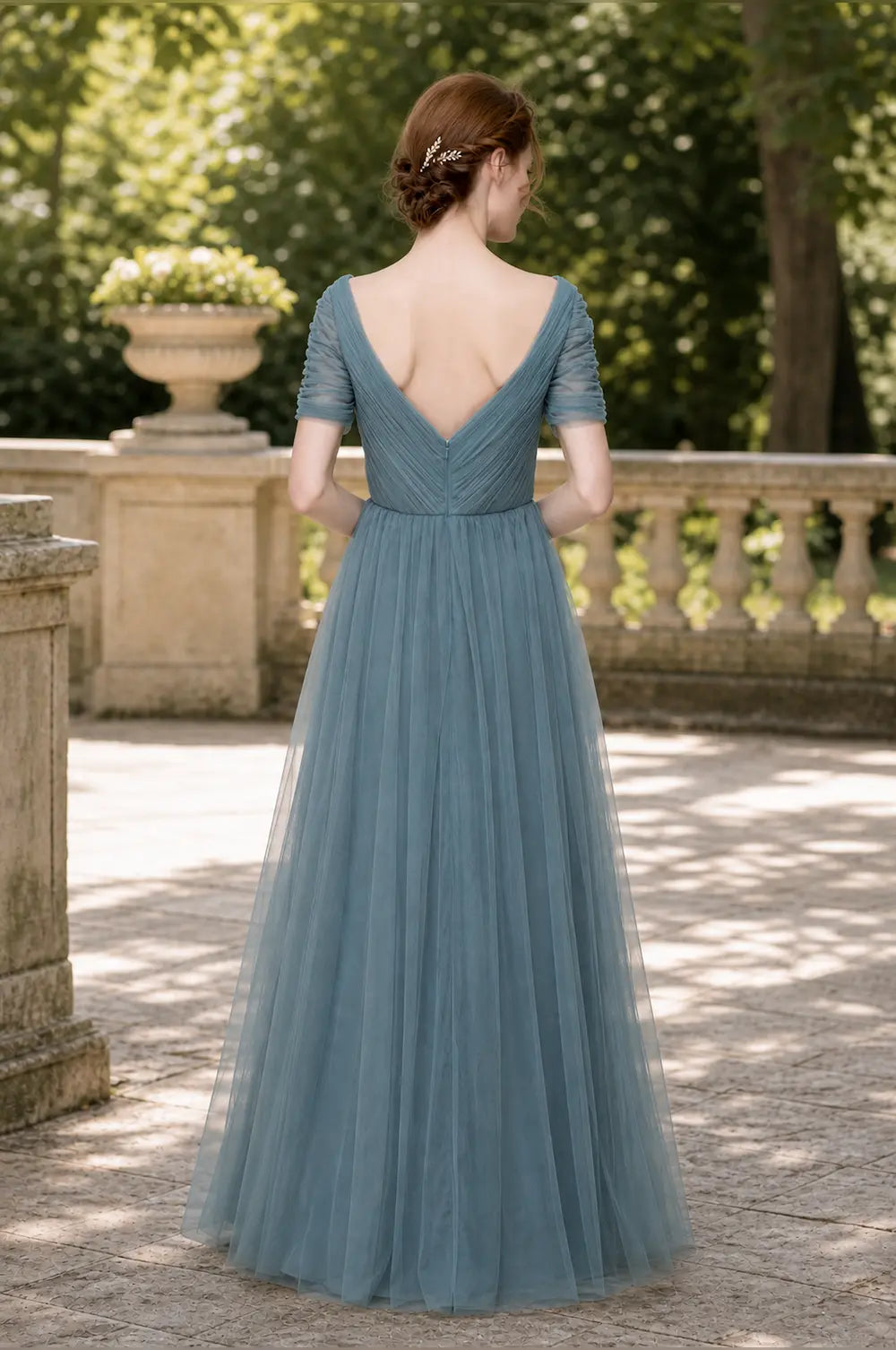Dusty green tulle prom dress with open-back V and short sleeves, A-line skirt
