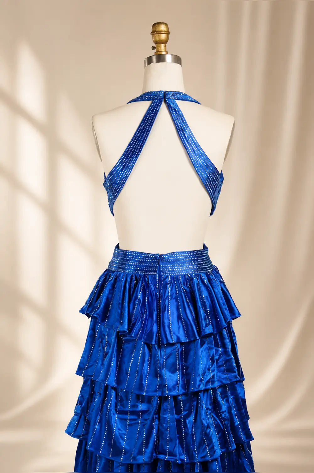 Royal blue tiered halter maxi dress, open back with ribbon tie straps