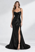 Black satin mermaid prom dress with cowl corset bodice, spaghetti straps, side thigh slit