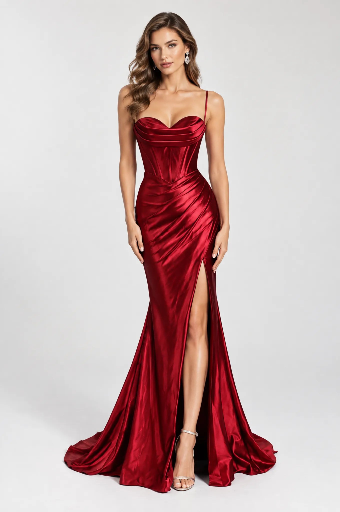 Wine red satin mermaid prom dress with cowl corset bodice, spaghetti straps, thigh slit