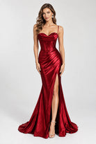 Wine red satin mermaid prom dress with cowl corset bodice, spaghetti straps, thigh slit