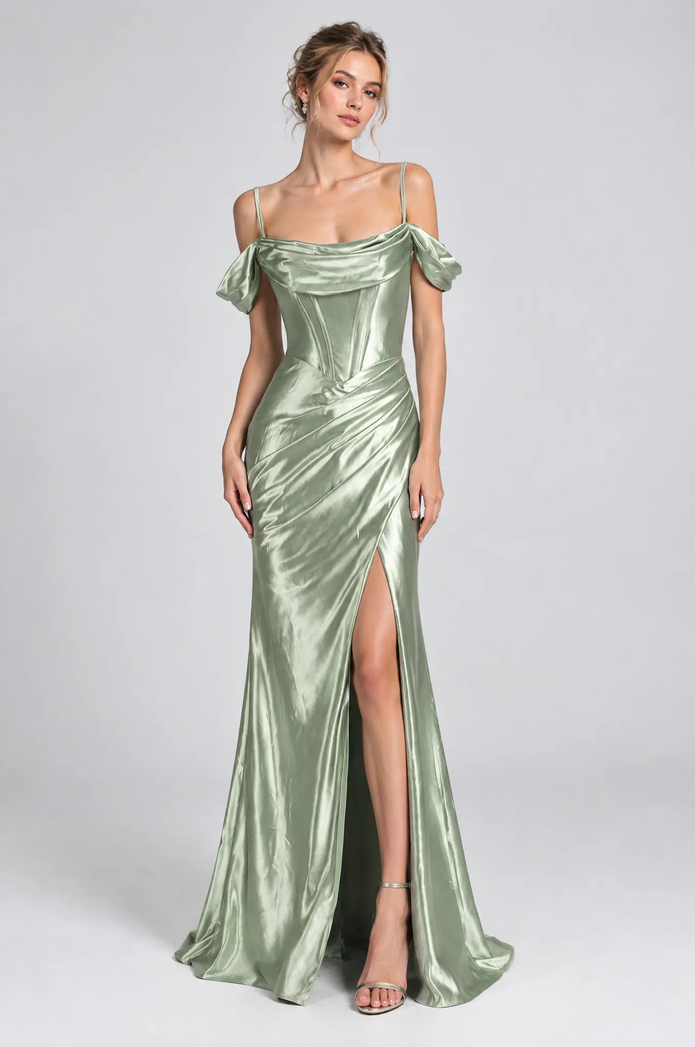 Sage satin mermaid prom dress with draped corset bodice, off-shoulder sleeves, thigh slit