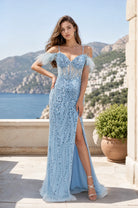 Embellished light blue evening gown with sweetheart neckline and side slit