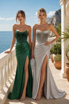 Strapless sequin evening gowns in emerald green and silver, side slit, floor length