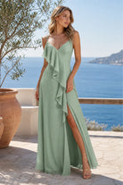 Sage green sleeveless maxi dress with layered ruffle front and side slit