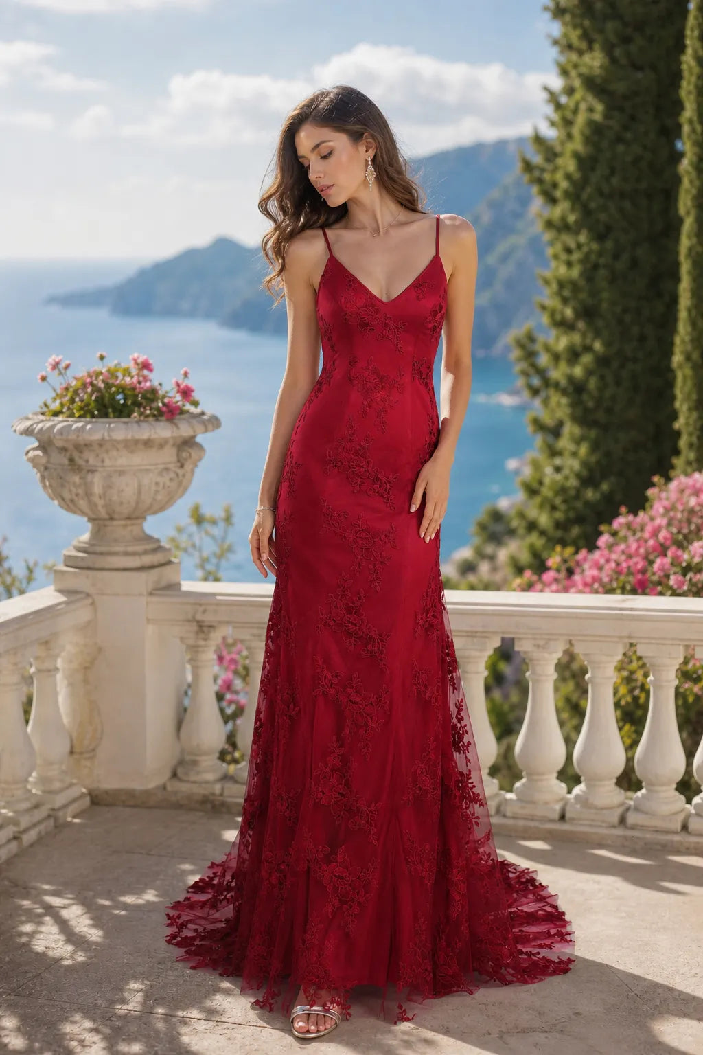 LORELAI wine red lace maxi dress with spaghetti straps and fitted silhouette