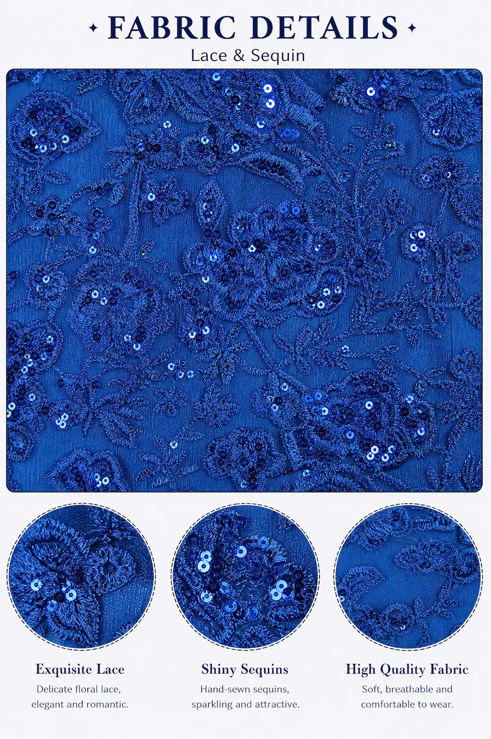 Royal blue lace and sequin fabric swatch with detailed embroidery