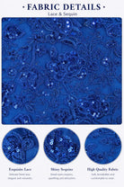 Royal blue lace and sequin fabric swatch with detailed embroidery