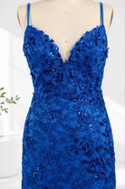 Royal blue sequin lace dress with V-neck and spaghetti straps