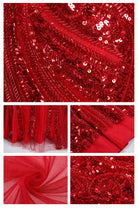 Red sequin fabric swatches with glittering embroidery and beadwork