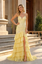 Yellow sequin lace tiered maxi dress with spaghetti straps and ruffle skirt