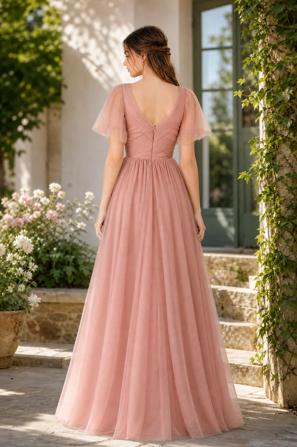 Dusty rose tulle prom dress with ruched bodice, flutter sleeves, V-back, A-line skirt