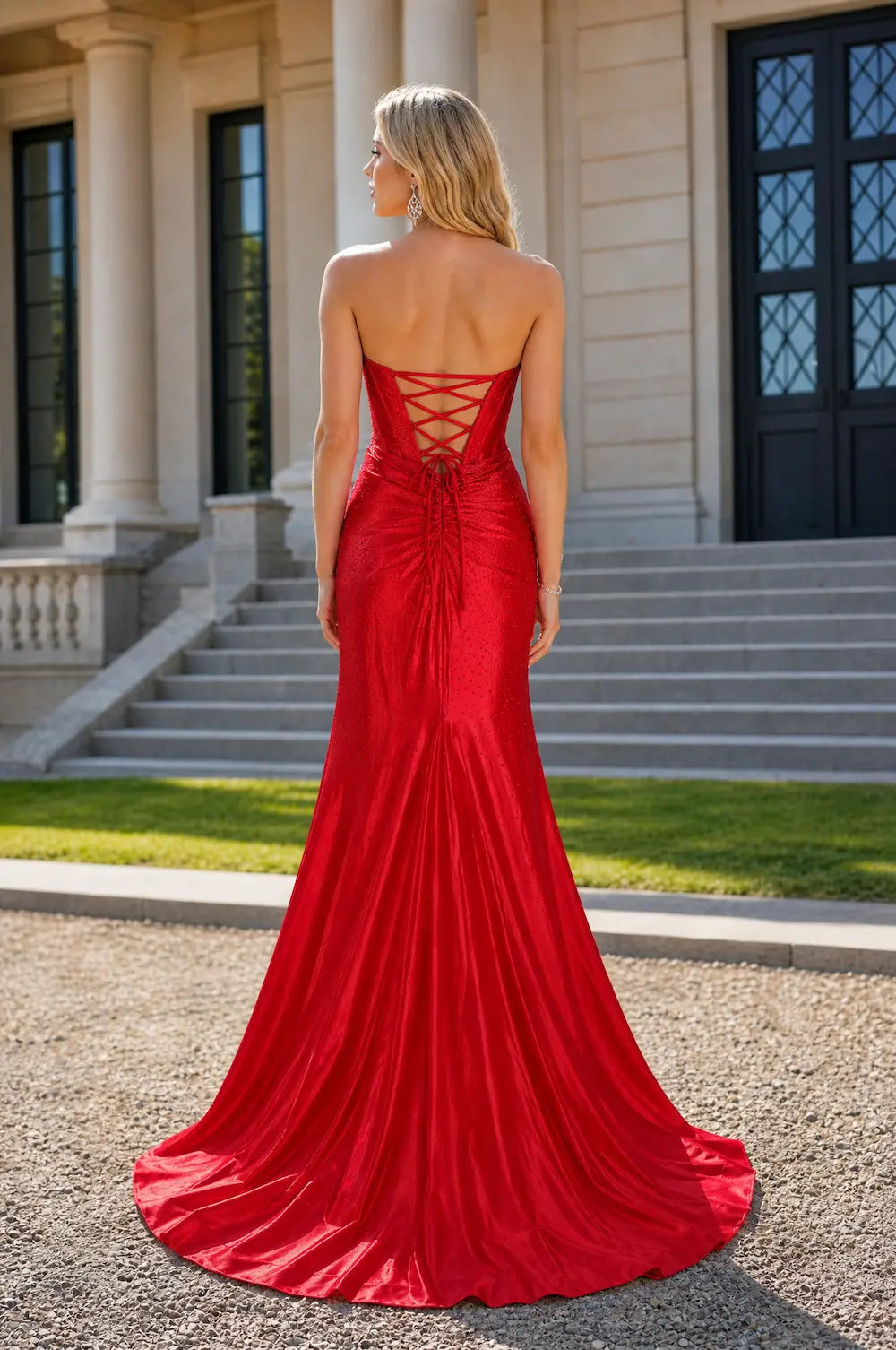 Red corset-back mermaid evening dress with lace-up detail at the open back