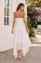 White strapless sweetheart chiffon prom dress, open back, high-low hem