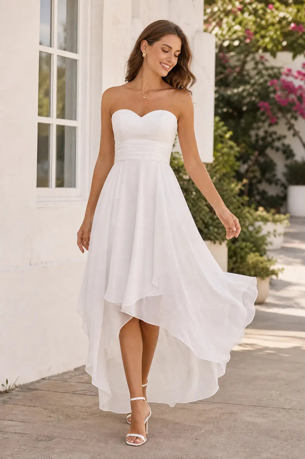 White strapless sweetheart chiffon prom dress with draped high-low skirt