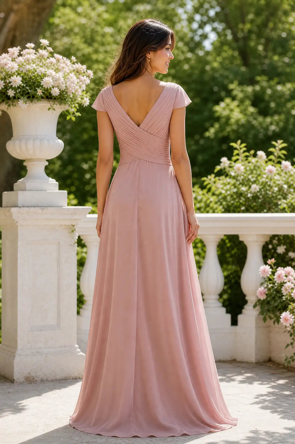 Dusty rose chiffon prom dress with V-back and hand-pleated bodice, cap sleeves