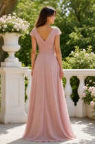 Dusty rose chiffon prom dress with V-back and hand-pleated bodice, cap sleeves