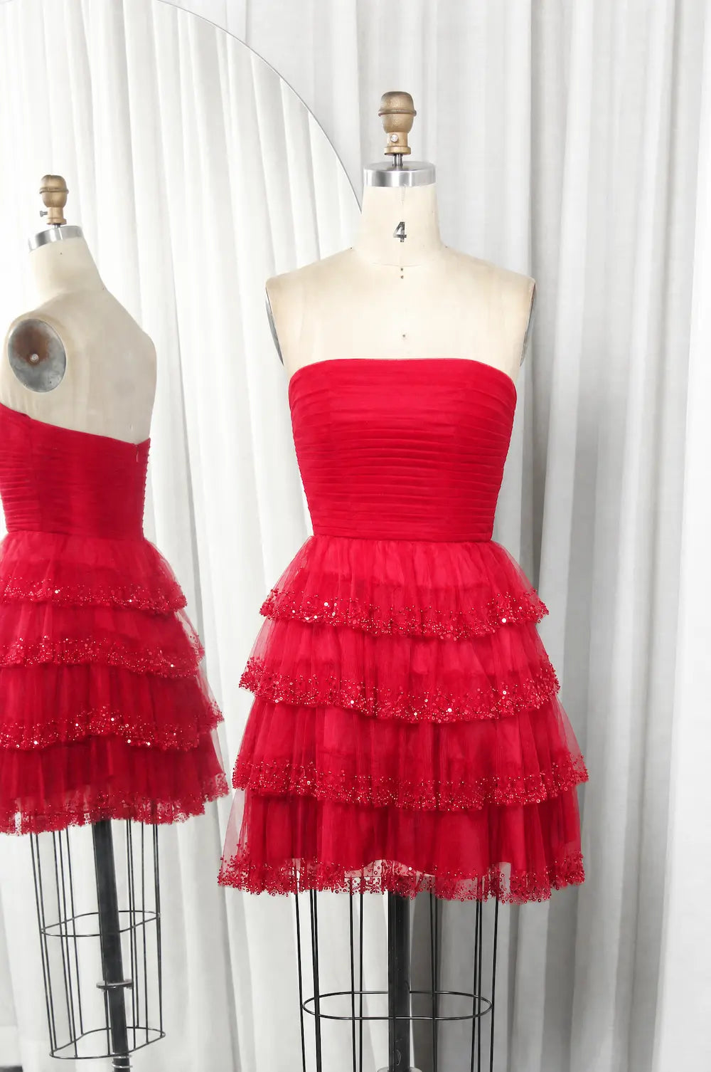 Red strapless sweetheart tiered tulle homecoming dress with sequin-trimmed tiers