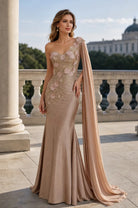 One-shoulder satin mother-of-the-bride gown with 3D floral appliqué and draped cape