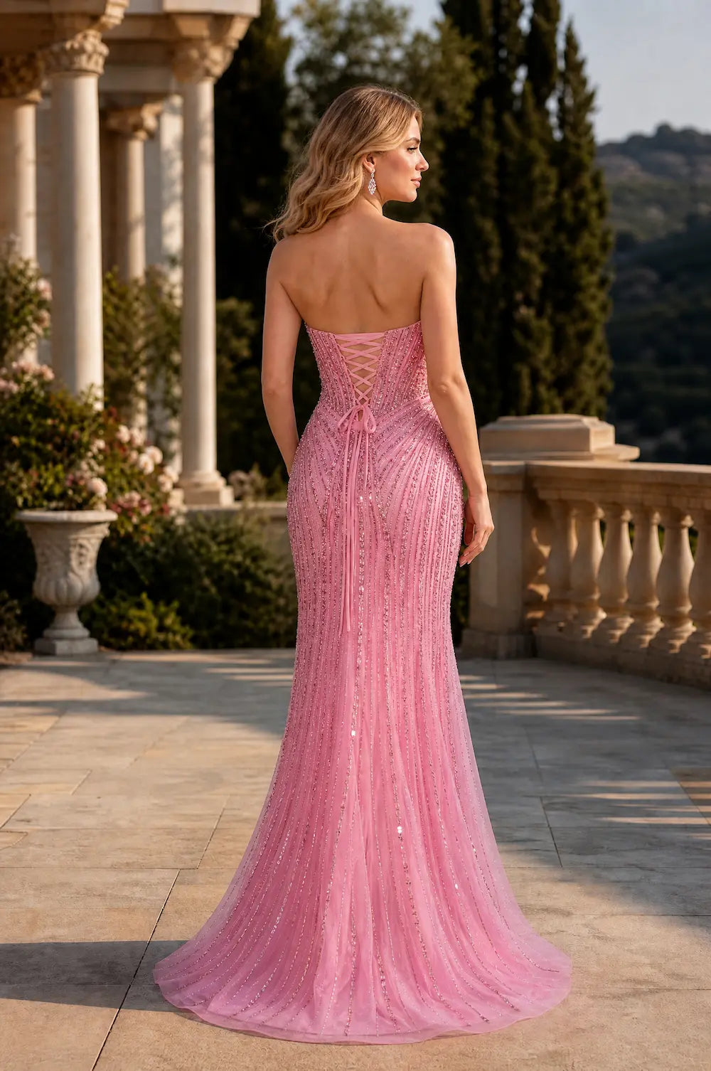 Pink beaded mermaid prom dress, corset back with scoop neckline