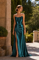 Teal sculpted corset prom dress with satin drape, spaghetti straps, high slit