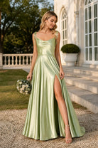 Satin A-line prom dress in light green, spaghetti straps, sweetheart neckline, thigh slit