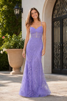 Lilac boned corset mermaid prom dress with lace bodice and long flared skirt