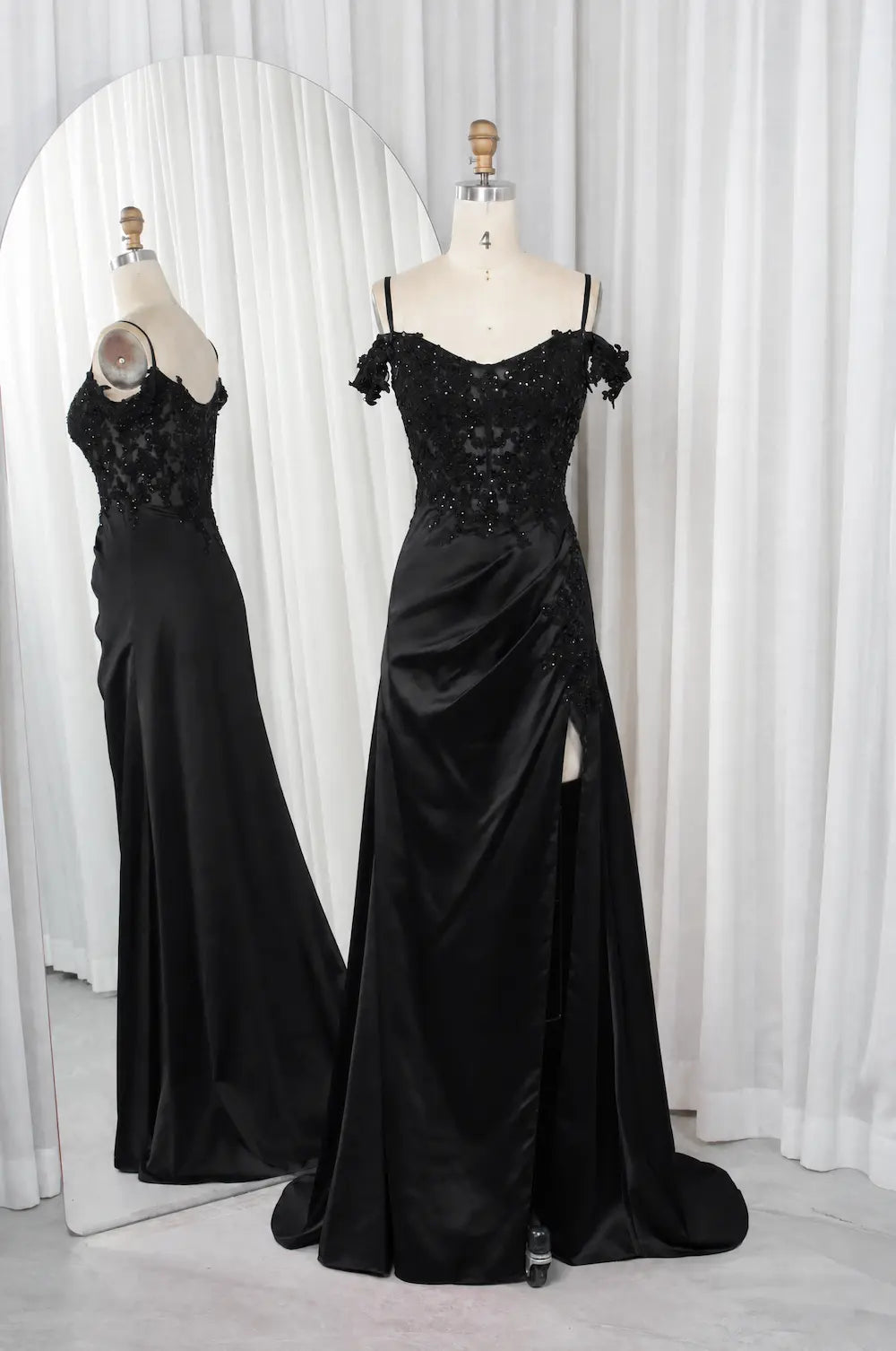 Black satin prom dress with beaded lace appliques, off-shoulder straps, high slit