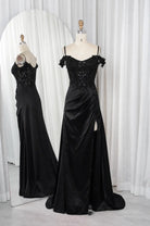 Black satin prom dress with beaded lace appliques, off-shoulder straps, high slit