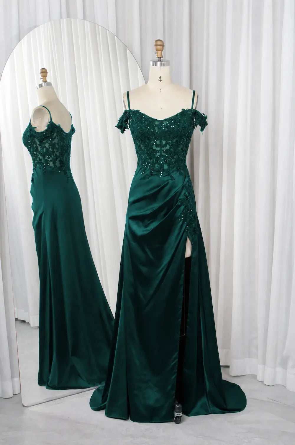 Emerald satin prom dress with beaded lace appliques, off-shoulder straps, high slit
