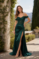 Emerald satin prom dress with beaded lace bodice, off-shoulder straps, high slit