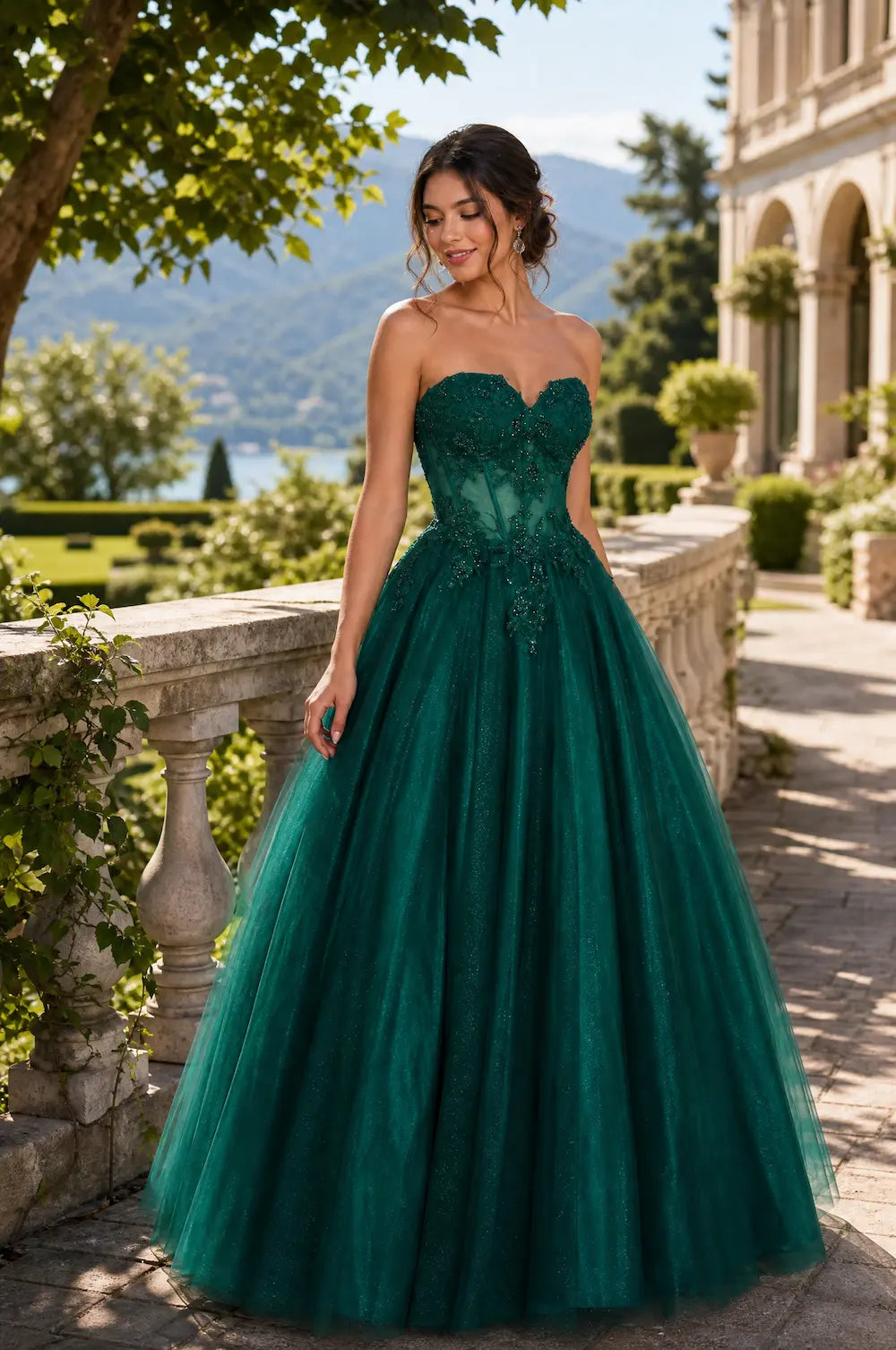 Emerald strapless lace ball gown with sweetheart bodice and textured lace overlay