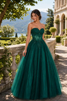Emerald strapless lace ball gown with sweetheart bodice and textured lace overlay
