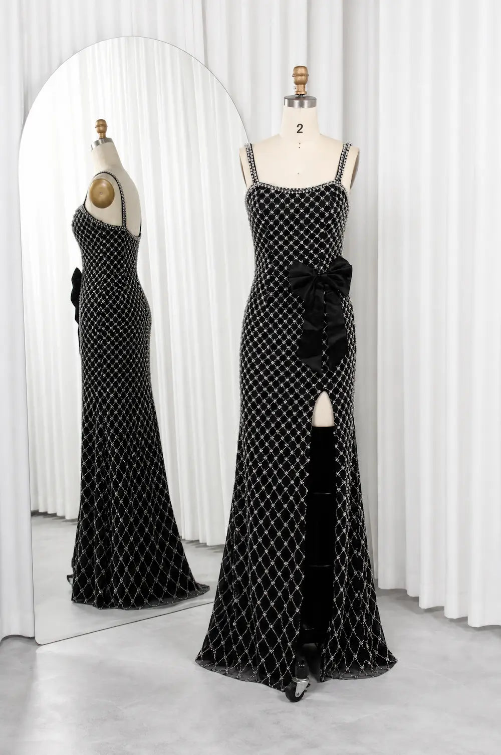 IVYE Black and Pearl Prom Dress with High Slit