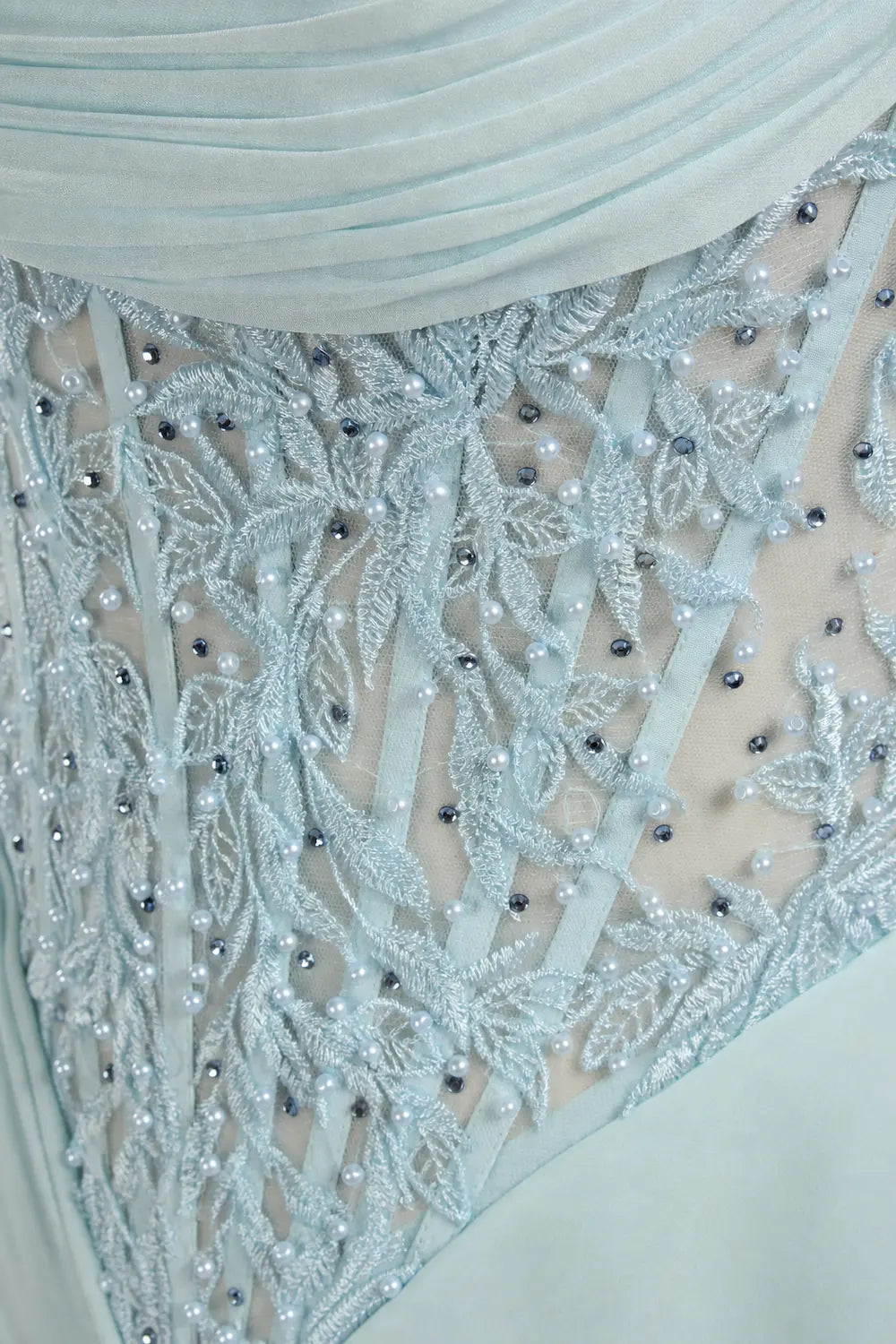 CHLOE light blue beaded bodice detail with sparkling vine embroidery