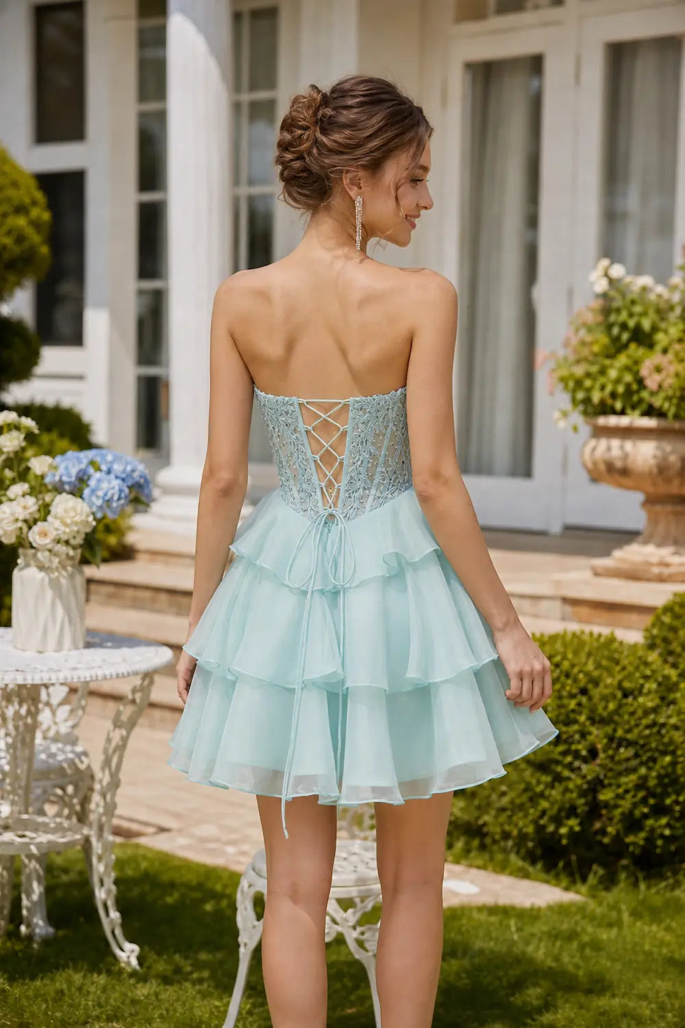 CHLOE light blue strapless dress, crisscross lace-up back and layered ruffle skirt
