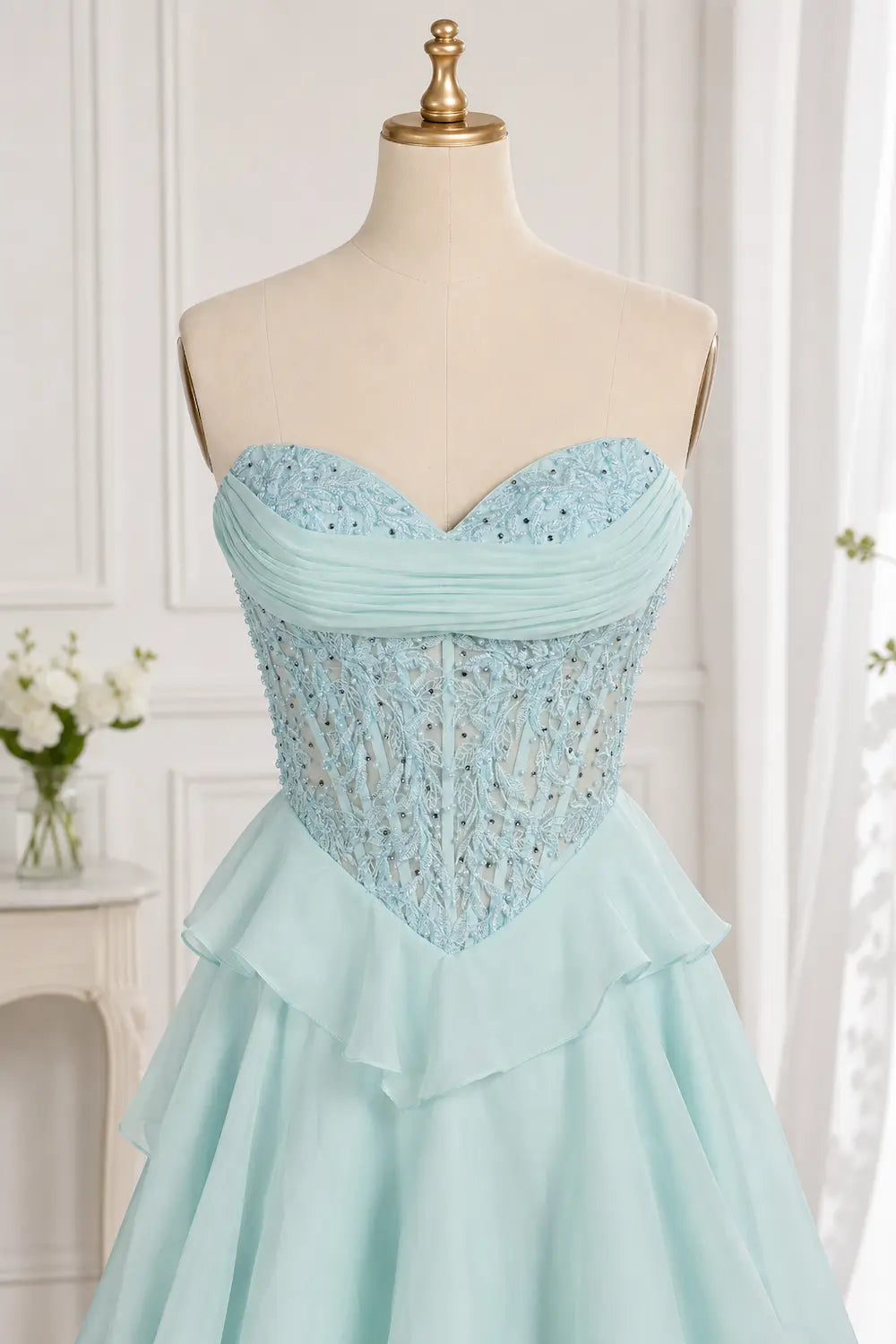 CHLOE light blue strapless beaded corset dress with tiered ruffle skirt
