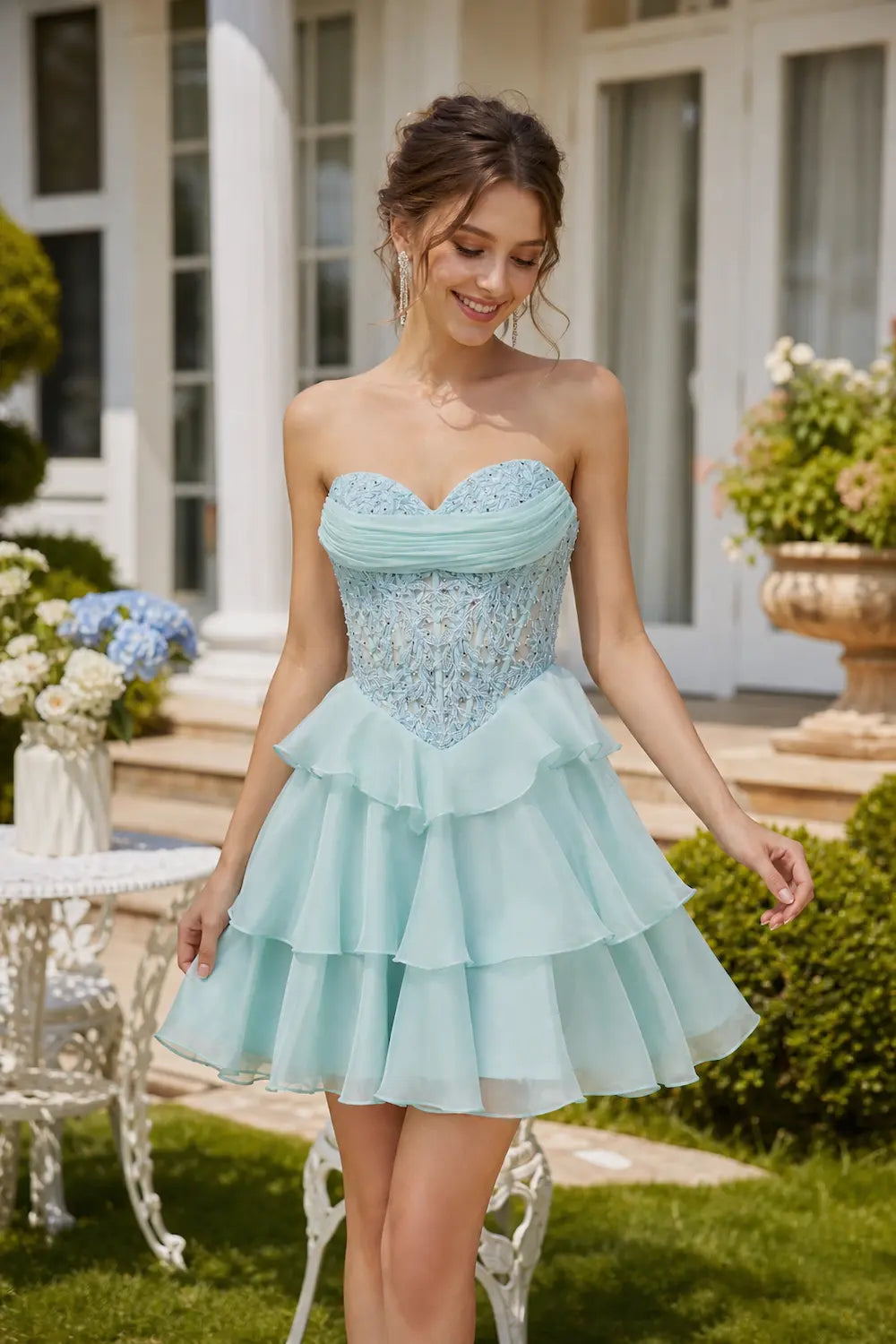 Chloe Ice Blue Lace & Chiffon Ruffled Homecoming Dress – blissfulprom